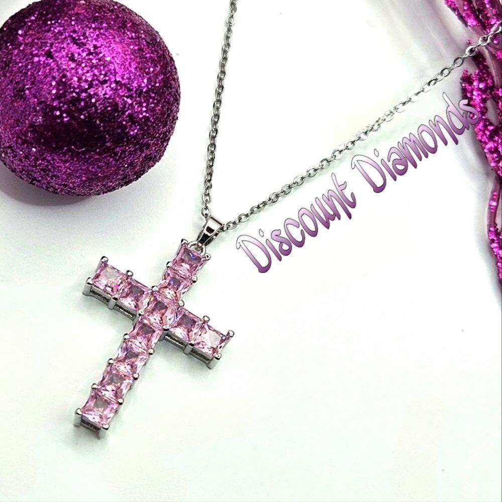 14K White Gold on 925 Pink Diamond Cross Pendant Necklace